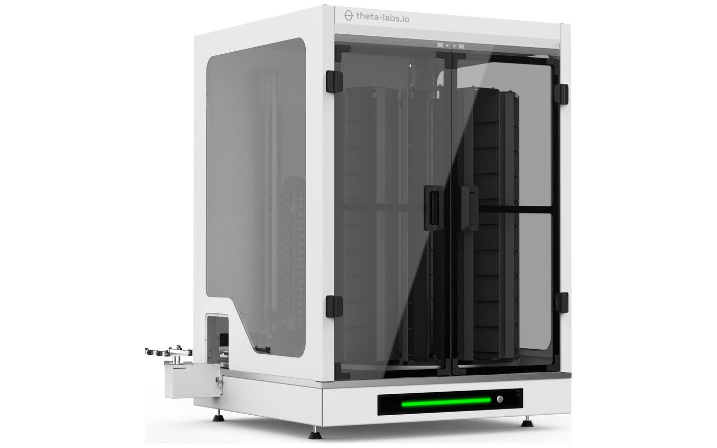 thetaCaddy BT benchtop carousel, doors open, with the transfer arm at the left.