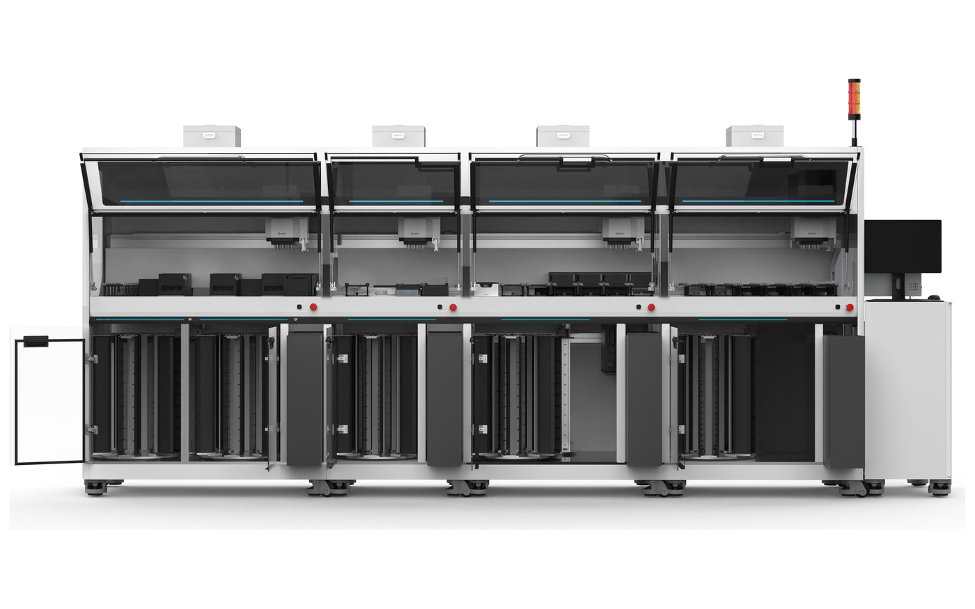 thetaCaddy DL deck-loading carousels installed beneath a four-module liquid handling line.